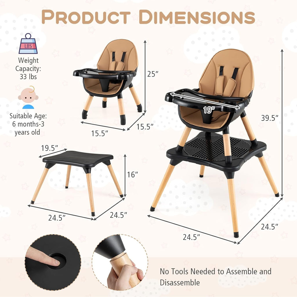 HONEY JOY Baby High Chair, 6-in-1 Convertible Wooden Highchair for Babies and Toddlers/Table Set/Toddler Chair with Safety Harness, 4-Position Removable Feeding Tray (Coffee)