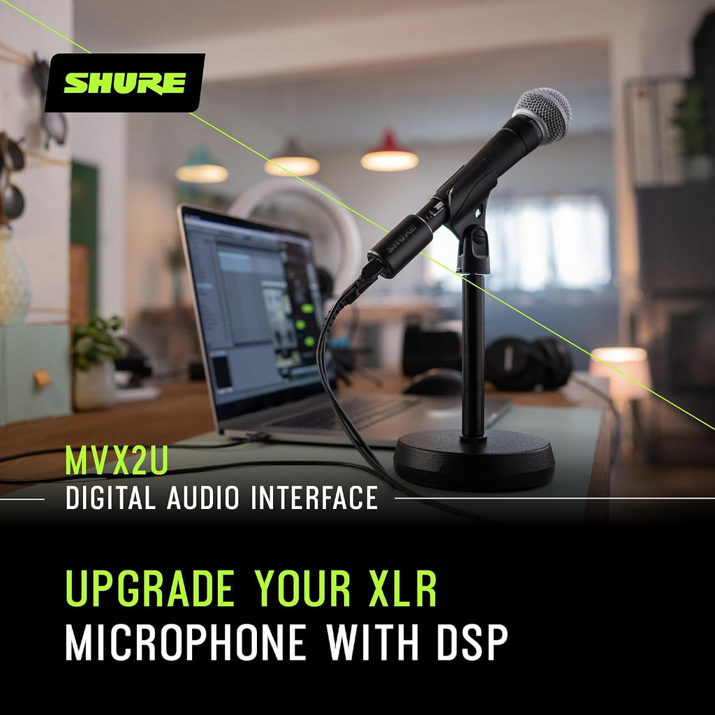 Shure MVX2U XLR-to-USB Digital Audio Interface, Headphone Jack, 60dB Gain, Zero-Latency Monitoring, 48V Phantom Power, ShurePlus App, USB-C Cable