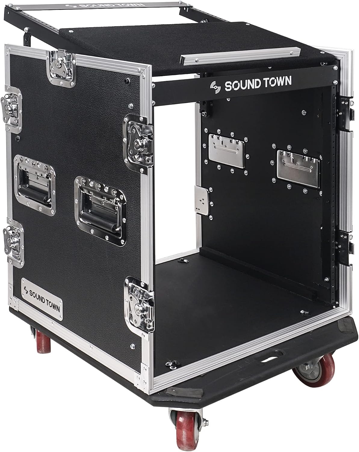 Sound Town Enhanced 1/2' (12mm) Plywood 12U PA DJ Rack/Road ATA Case with 11U Slant Mixer Top, 20'' Rackable Depth and Casters, 12 Space Size, Pro Tour Grade (STMR-S12UW)