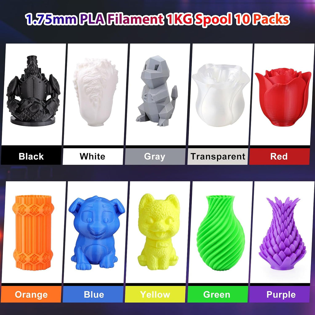 PLA Pro 3D Printer Filament 10 Packs, 1.75mm No Tangle, Each Spool Net Weight 1KG, in Total 10KG Bundles, Black+White+Grey+Clear+Blue+Green+Orange+Red+Yellow+Purple