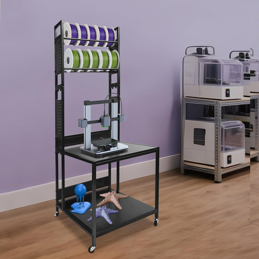 3D Printer Stand with Double Layer Printer Filament Storage Rack, Heavy Duty Mobile Table with 4 Wheels for Workshop Studio Office (Black)