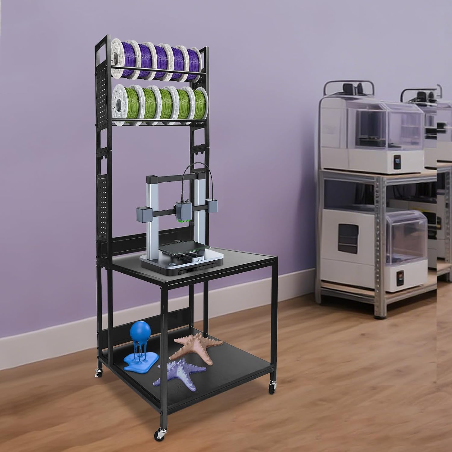 3D Printer Stand with Double Layer Printer Filament Storage Rack, Heavy Duty Mobile Table with 4 Wheels for Workshop Studio Office (Black)