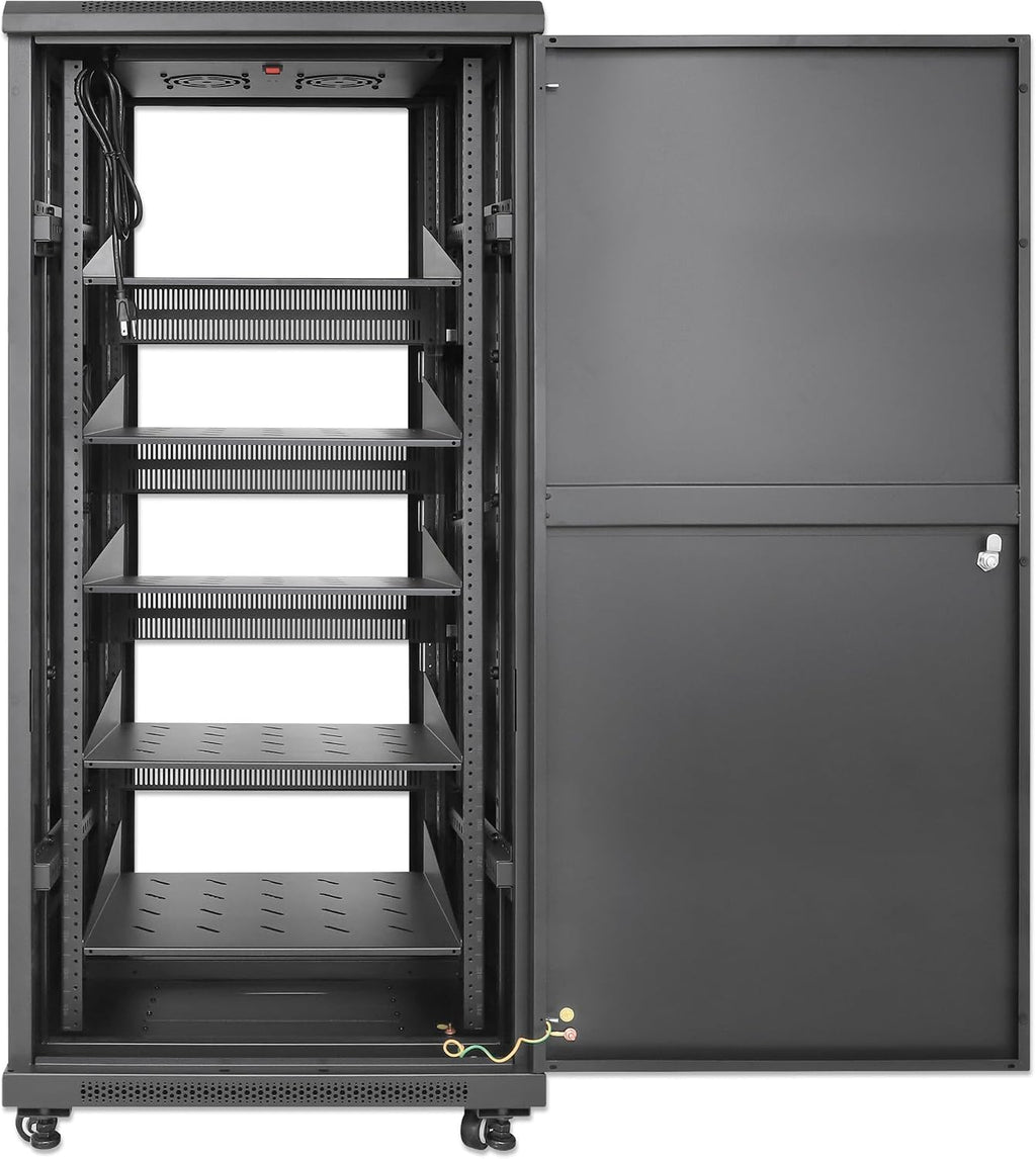 Intellinet 27U Network Server Rack Enclosure Cabinet with Integrated Fans – IP20 Rated, Reversible Tempered-Glass Front Door, Removable Side Panels – 3 Yr Mfg Warranty