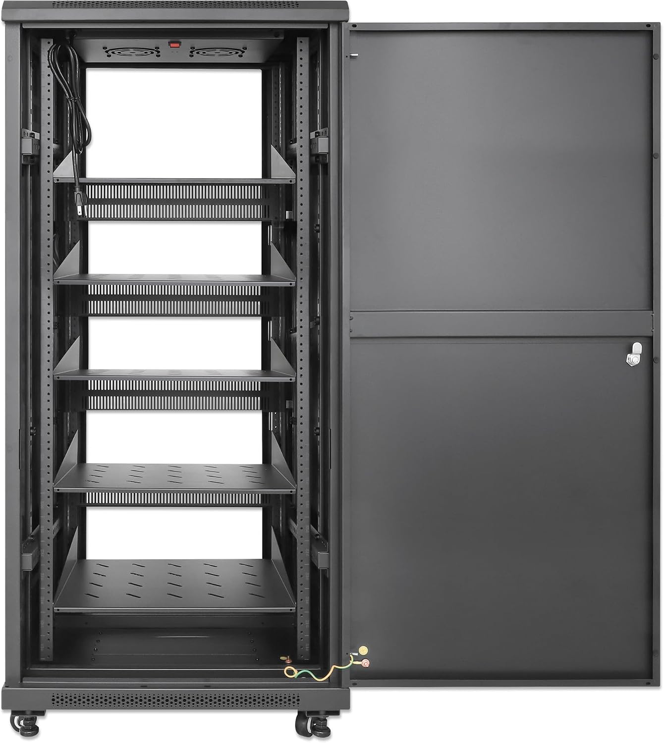Intellinet 27U Network Server Rack Enclosure Cabinet with Integrated Fans – IP20 Rated, Reversible Tempered-Glass Front Door, Removable Side Panels – 3 Yr Mfg Warranty