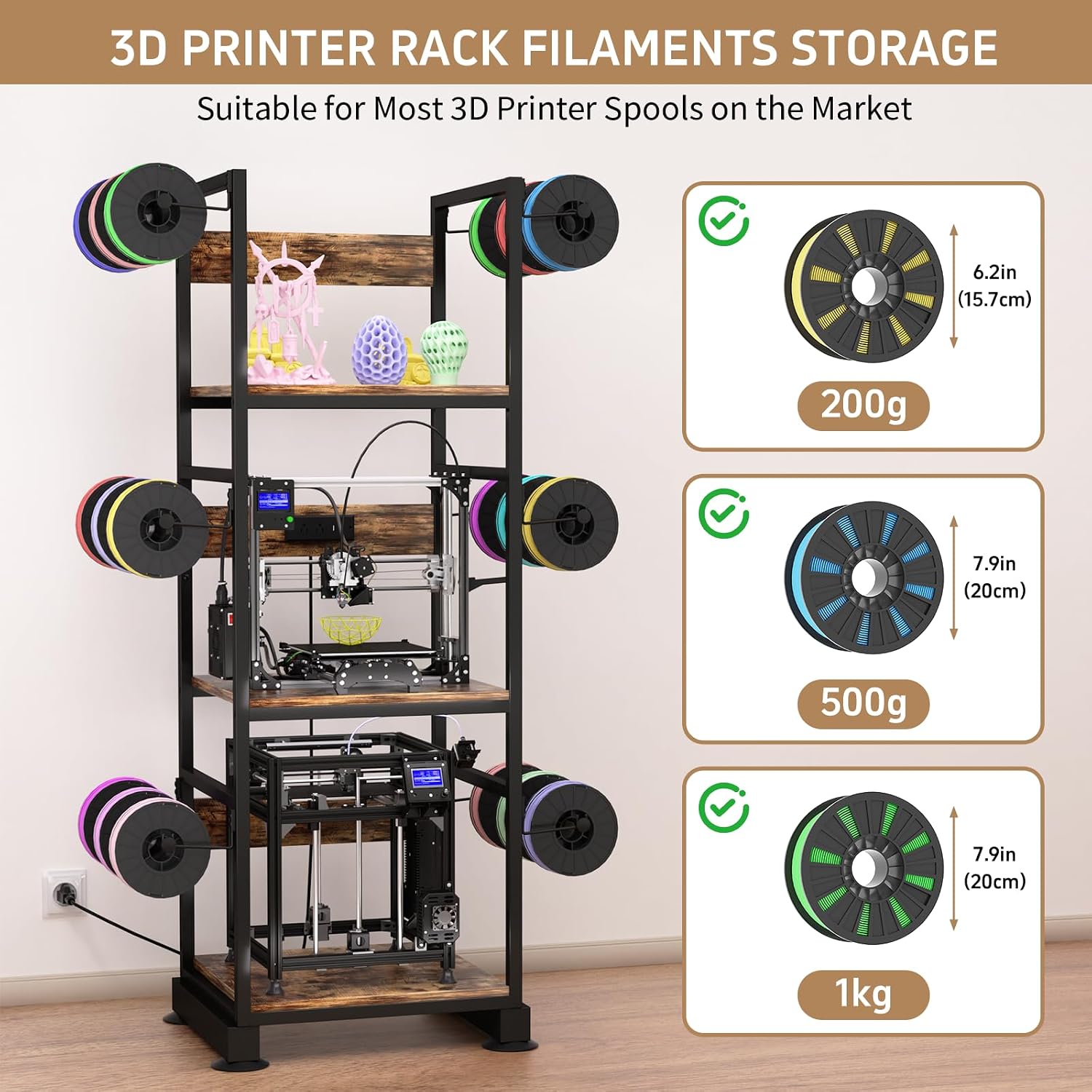 3D Printer Stand with Filament Storage,3D Printer Rack with Power Outlet,Heavy-Duty 3D Printer Storage Shelf for ABS/PLA/TPU Filament Spools,Perfect for 3D Printing Workshops, Retro Brown