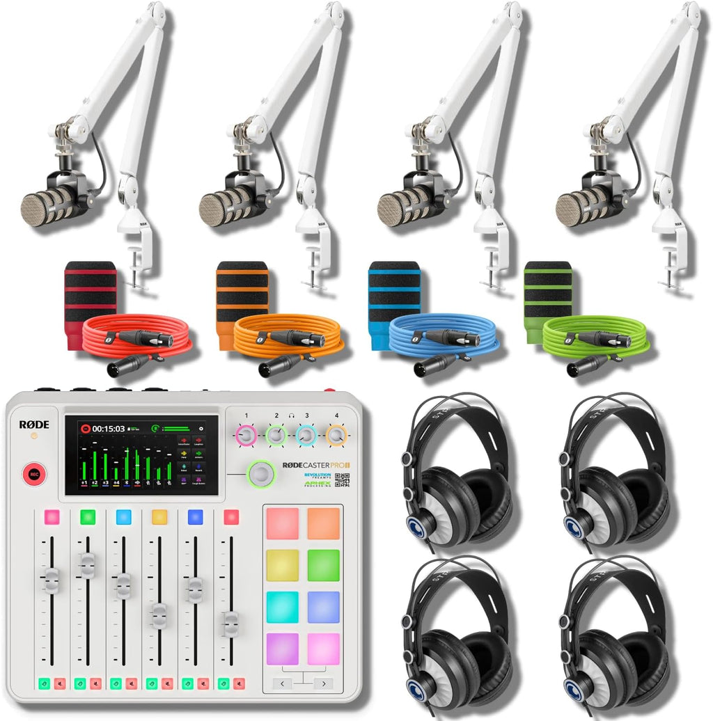 Rode RODECaster Pro 2 Complete Podcast Studio Kit - White, 4 PodMics, PSA1+ Boom Arms, StreamEye Cans50 Headphones, Color-Coded XLR Cables