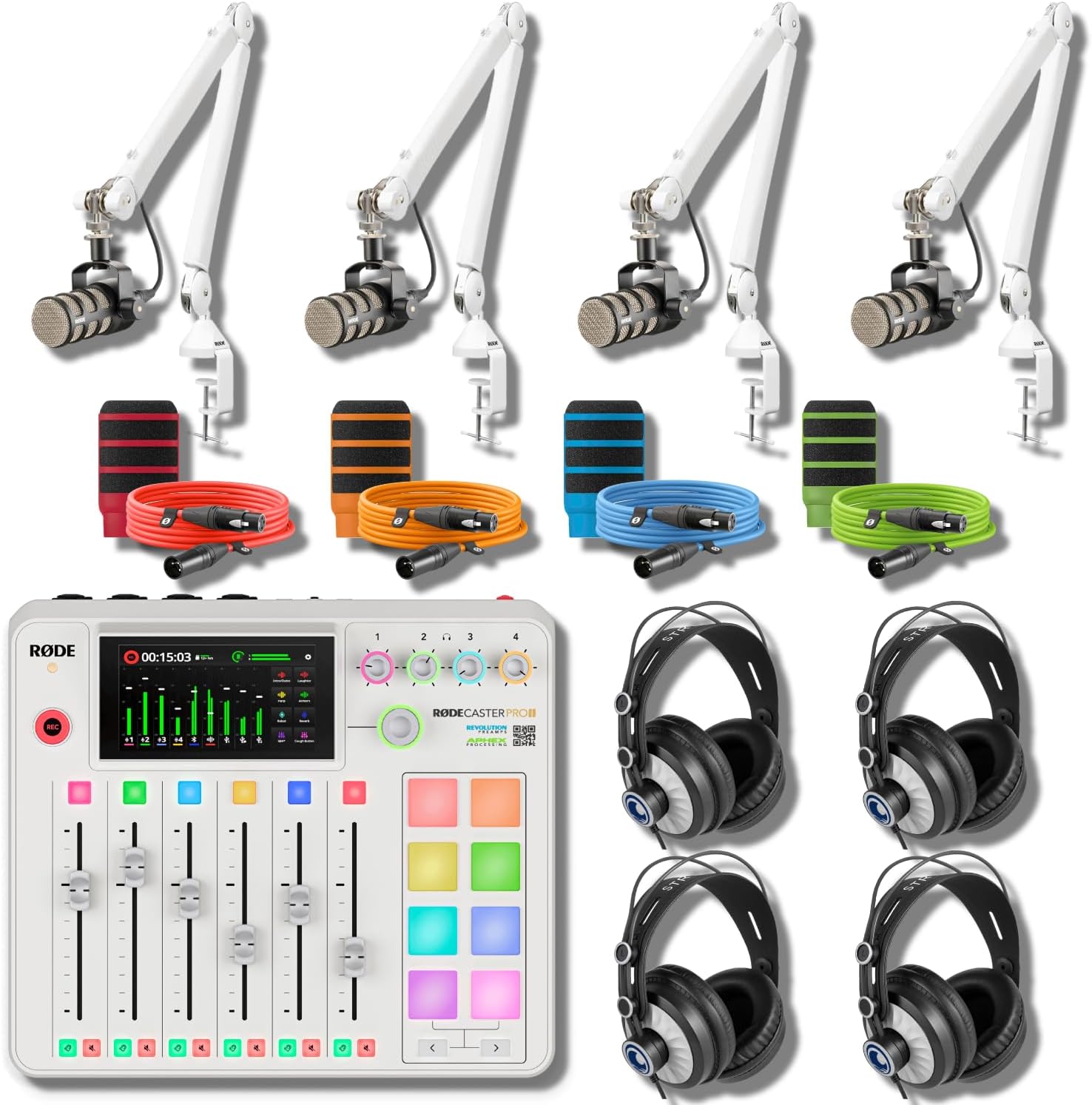 Rode RODECaster Pro 2 Complete Podcast Studio Kit - White, 4 PodMics, PSA1+ Boom Arms, StreamEye Cans50 Headphones, Color-Coded XLR Cables