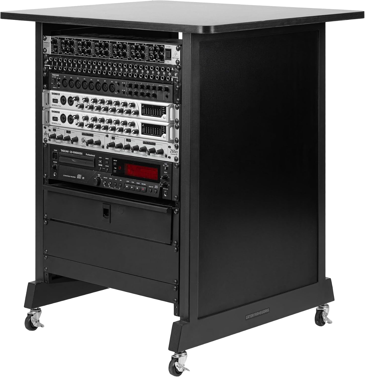 Gator Frameworks Rok-It Studio Series 14U Wood Rack Cabinet with Casters and Leveling Feet, Black (RI-STRK-14U-BLK)
