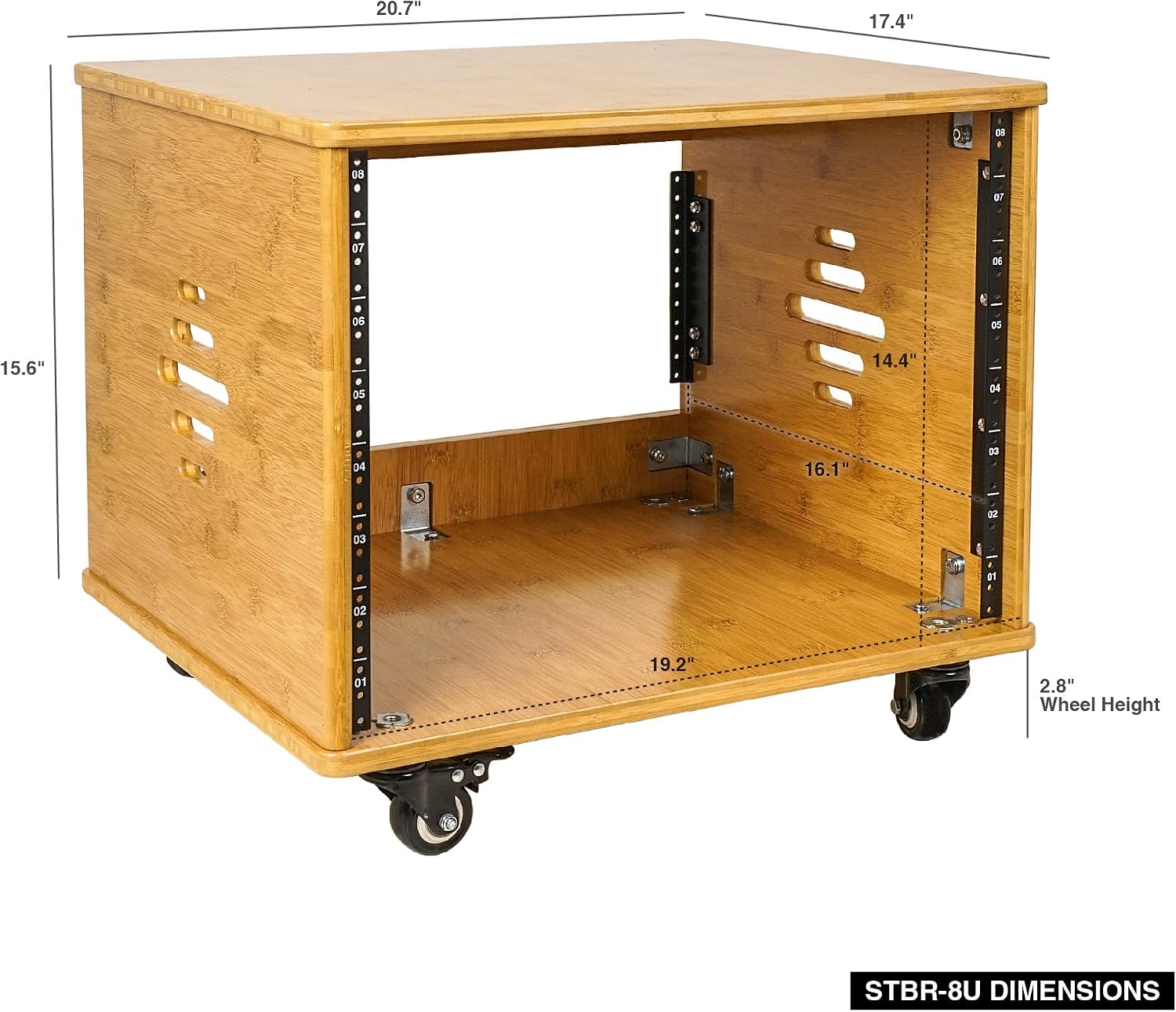 Sound Town DIY 8U Solid Carbonized Bamboo Studio Rack w/ 16' Depth, Ventilation, Rubber Feet, Casters for Recording Room, PA/DJ Equipment, Home Audio (STBR-8UW)