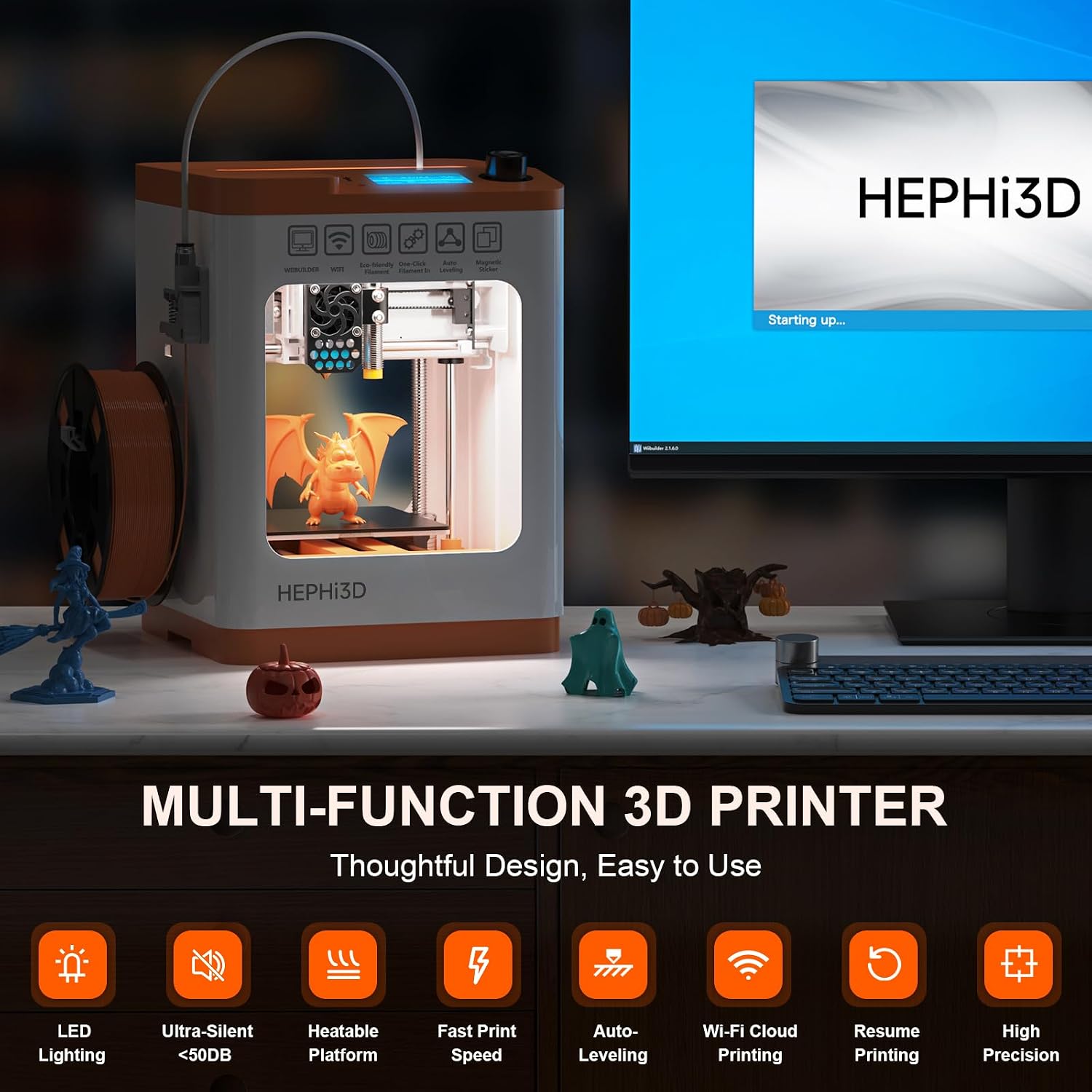 Upgraded Tina2S 3D Printer, HEPHI3D 3D Printers WiFi Cloud Printing Auto Bed Leveling, Fully Assembled Mini 3D Printers for Beginners, Silent Print, Fully Open Source DIY 3D Printer for Home, School