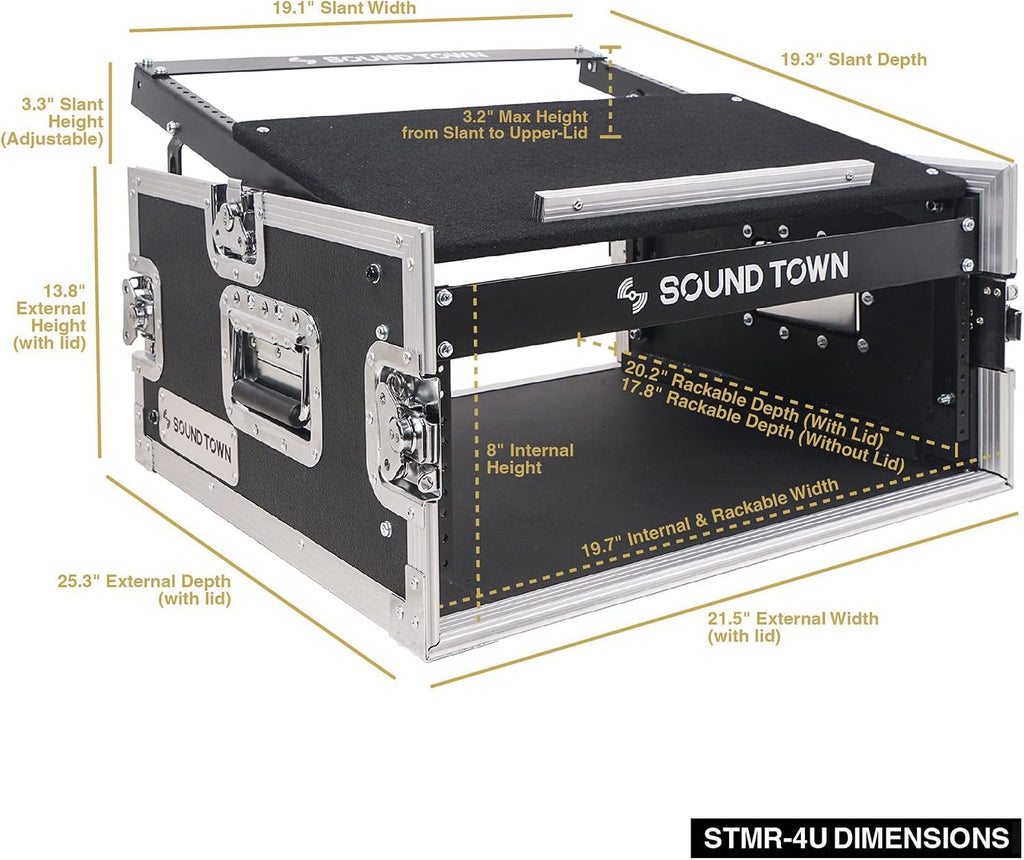 Sound Town 4U PA DJ Pro Audio Rack/Road ATA Case with 11U Slant Mixer Top, 20.2' Rackable Depth, 4 Space Size - Pro Tour Grade (STMR-4U)