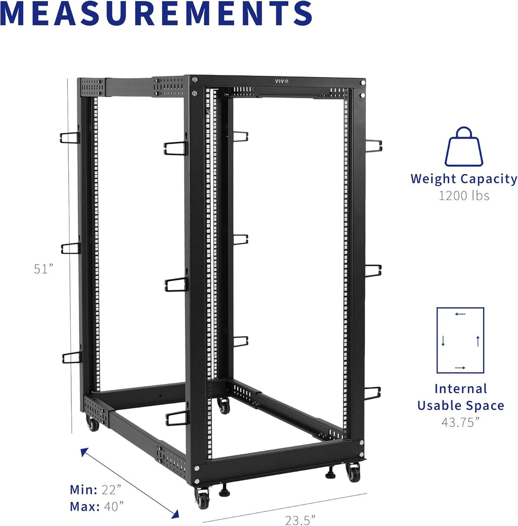 VIVO 25U Freestanding Server Rack, Mobile Open Frame 22 to 40 inch Adjustable Network Server Cart, Black, CART-SR25U