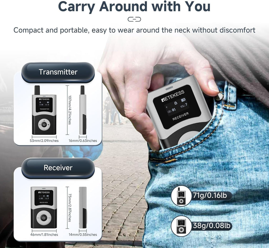 Retekess T130U(4nd Gen T130) Wireless Tour Guide System, Church Translation System, U-Band, 200M, 40H, One-Key Operation with Charging Kit, Tour Guide Headsets for Travel(1Transmitter 15 Receivers)