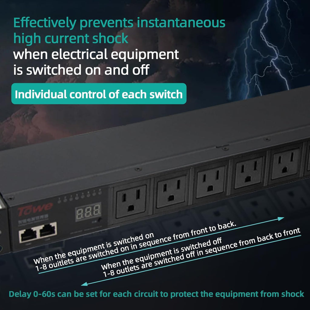 Power Conditioner for Audio Equipment, 8 Outlet 1U Rack Mount 100-250v 2500w 30Amps Power Supply Strip Surge Sequencer with LED Voltmeter Display,Surge Protector,Smart PDU