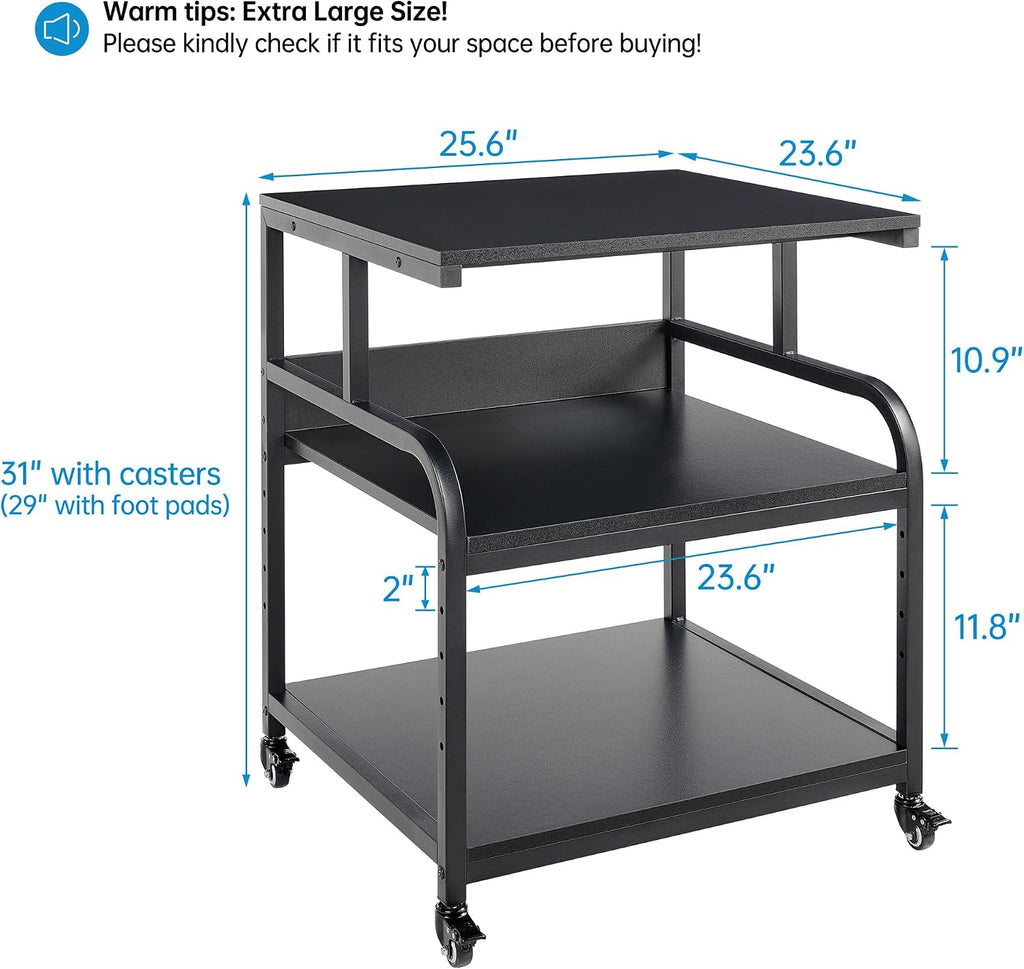 Fannova 25.6' x 23.6' Extra Large Printer Stand Table with Adjustable Storage Shelf, 3 Tier Rolling Printer Cart with Industrial Wheels for Home Office, Black