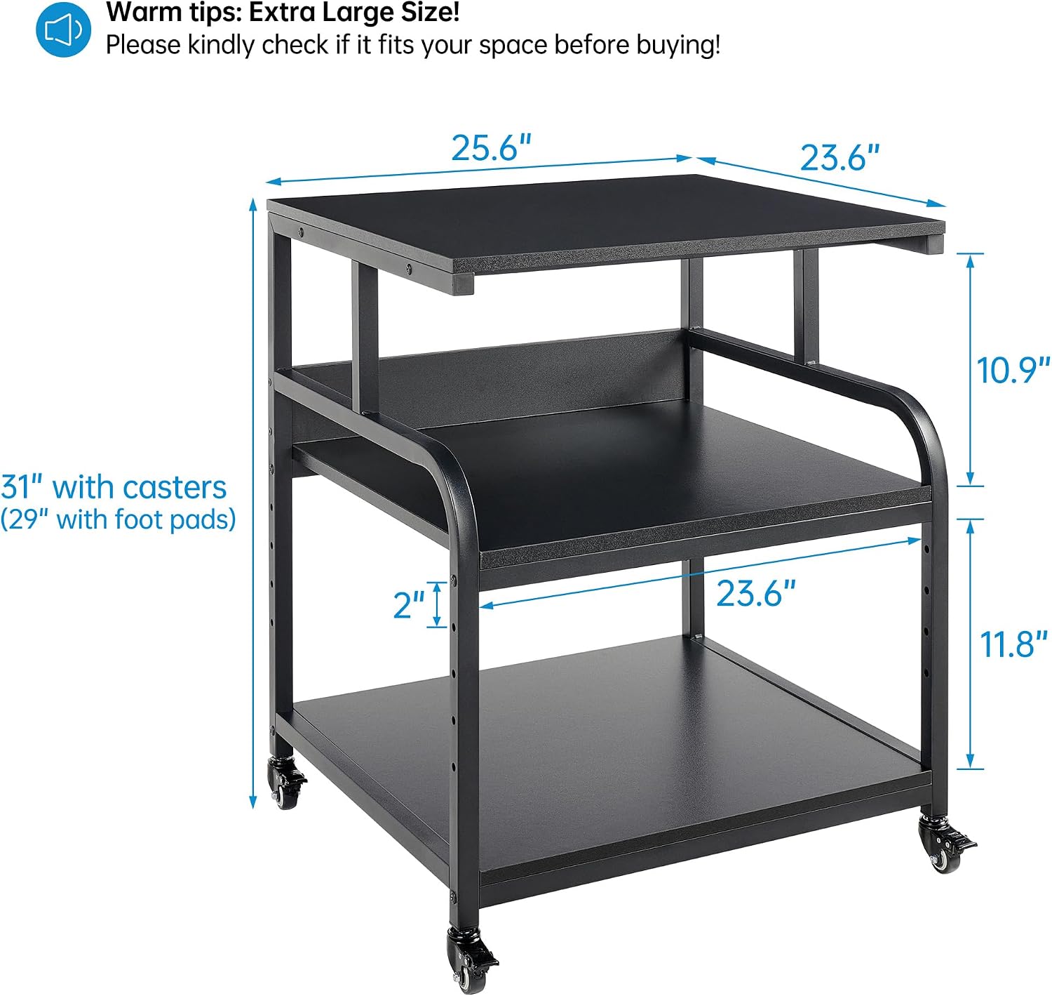 Fannova 25.6' x 23.6' Extra Large Printer Stand Table with Adjustable Storage Shelf, 3 Tier Rolling Printer Cart with Industrial Wheels for Home Office, Black