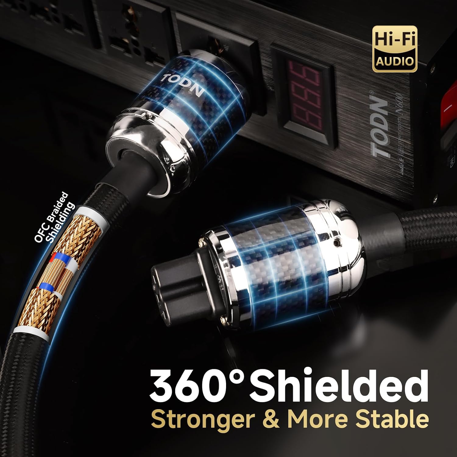 TODN HiFi Power Cable for Audiophile OCC-Cores Audio Power Cord with Carbon Fiber Shell, 24K Gold Plated 3 Prong Plug/IEC C15, Φ17.5mm, 4.9ft/1.5m
