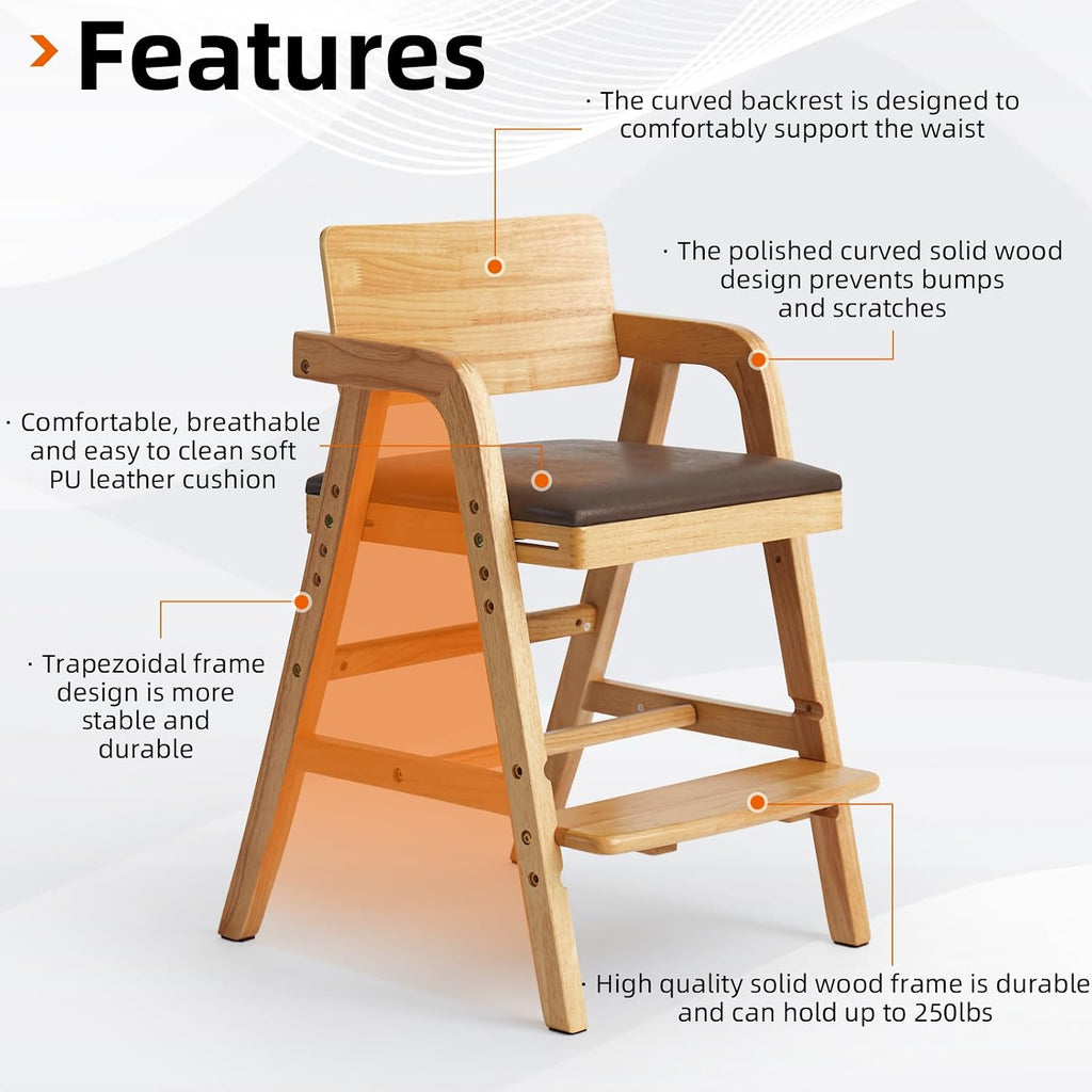 Wooden High Chair for Toddlers, Adjustable Baby Feeding Chair with Seat & Footrest, Grows with Child Dining Chair, Solid Wood Kids Learning Chair for Table, Study & Mealtime - Natural