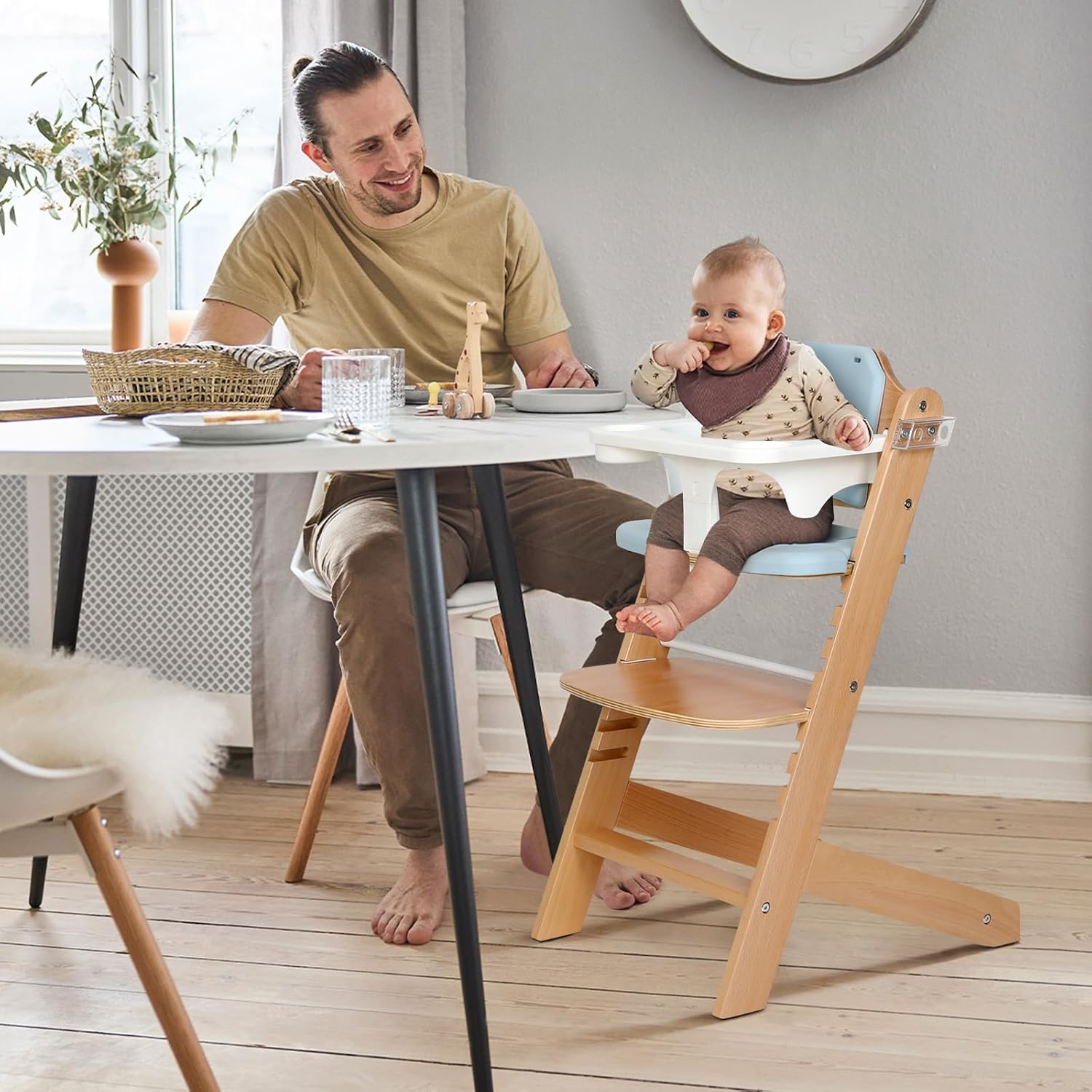 Cowiewie Natural Wooden High Chair for Babies & Toddlers 3-Tier Remove & Adjustable Tray, 8 Adjustable Highchair with Cushions, Portable (Blue)