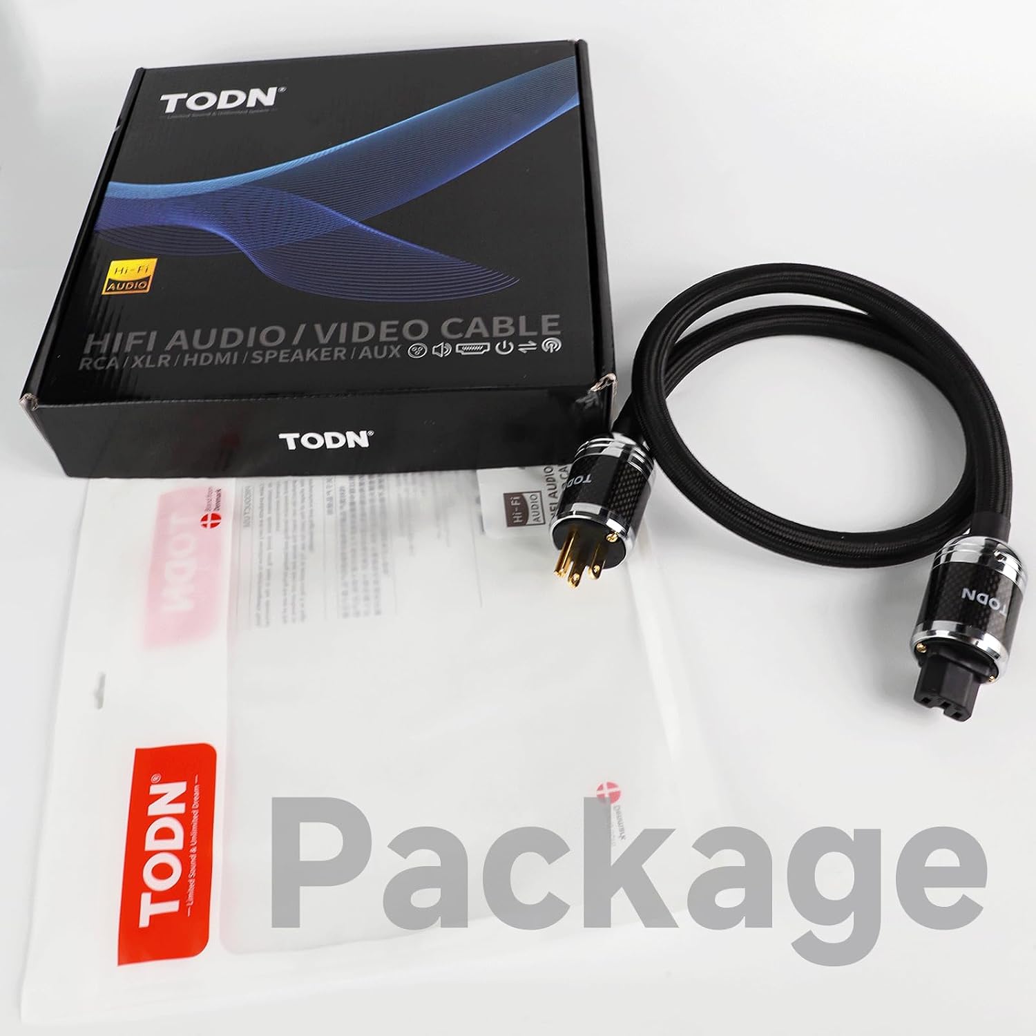 TODN HiFi Power Cable for Audiophile OCC-Cores Audio Power Cord with Carbon Fiber Shell, 24K Gold Plated 3 Prong Plug/IEC C15, Φ17.5mm, 4.9ft/1.5m
