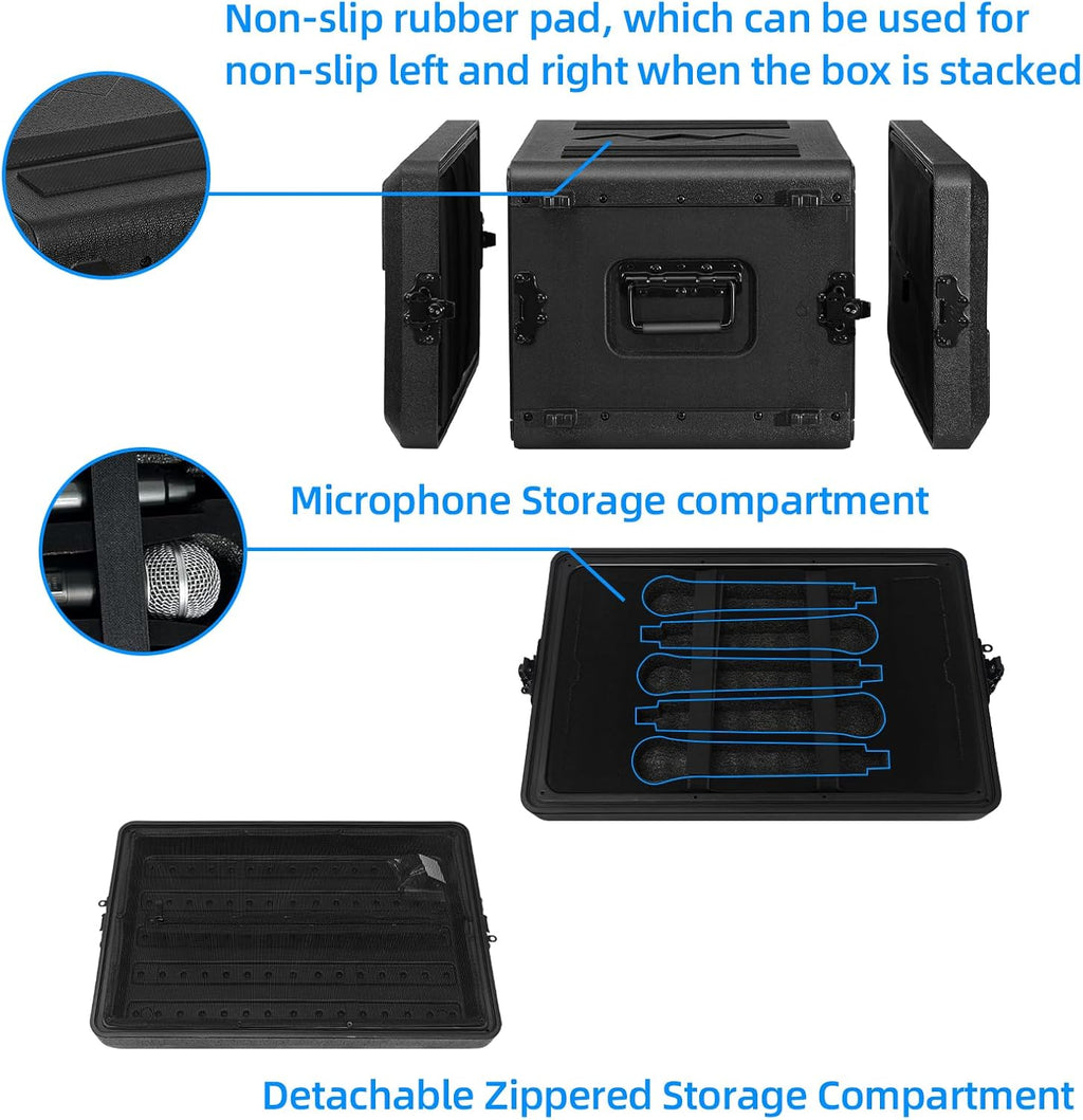 6U Rack Case Shallow 17' Depth, 19' Rackmount Flight Cases Easy Installation Portable Carry Watertight Dust Proof 2 Space Shockproof Mount Racks with Microphone Compartments Space Saving