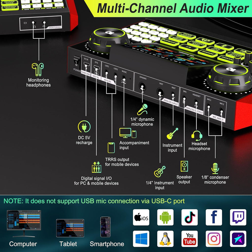 G9 Podcast Equipment Bundle with 3.5mm Condenser Microphone for Pc/Phone Live Streaming Singing Gaming, Podcast Microphone Bundle with Live Sound Board Audio Mixer,Voice Changer, Denoise,DJ Sets