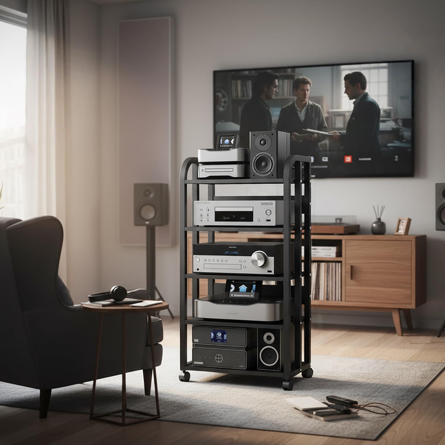 5-Tier Stereo Cabinet, Rolling AV Media Stand with Wheels, Adjustable CD Record Player Console Shelf Audio Component Rack for Home Theater, Studio, Gaming & Living Room, Black