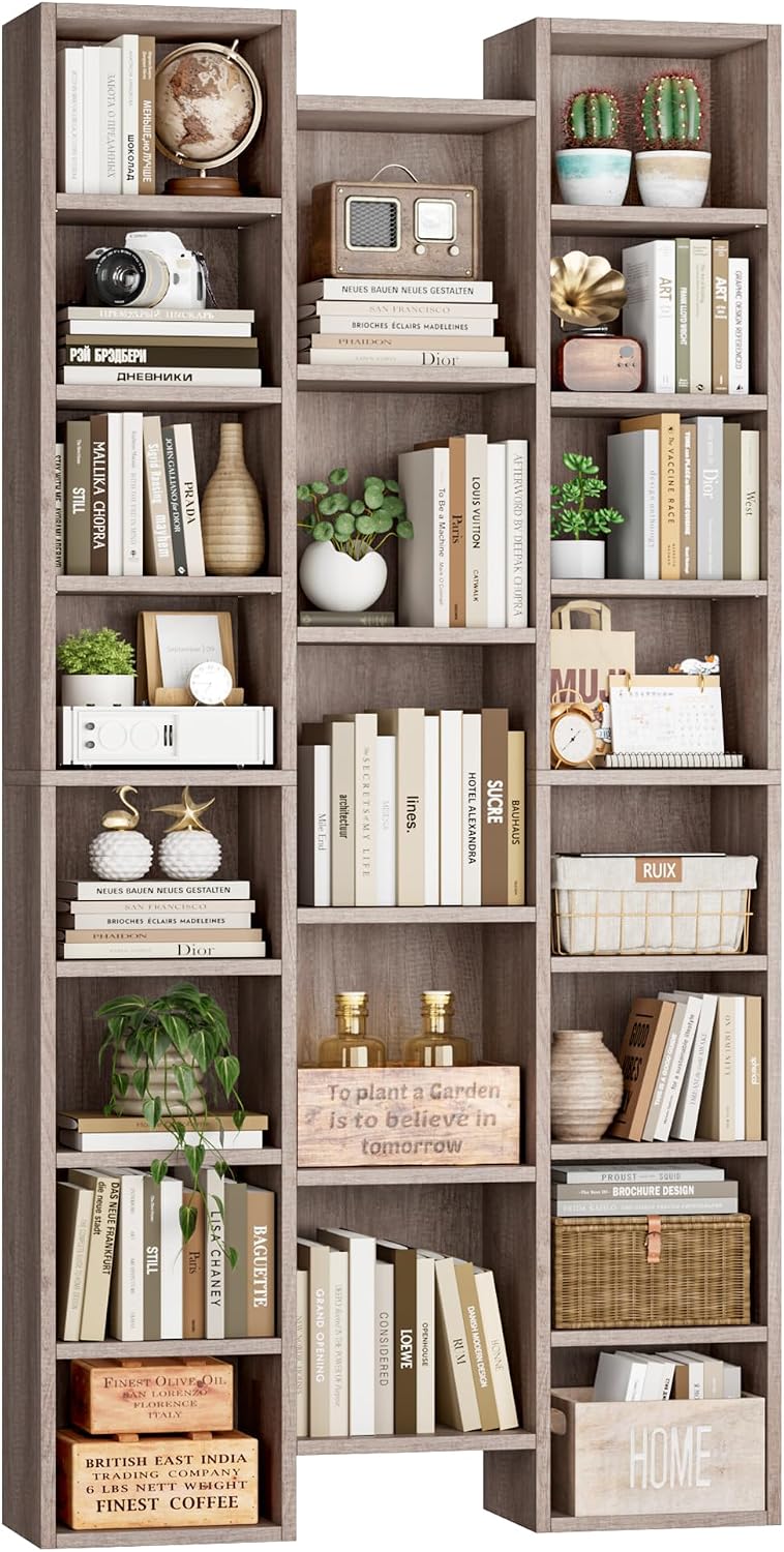FOTOSOK 71'' Tall Bookshelf with 21 Cubes, 8 Tier Triple Wide Bookshelf with 8 Adjustable Shelves, 35' Large Bookcase DVD/CD Media Tower Storage, Freestanding Display Shelf Cabinet, Oak