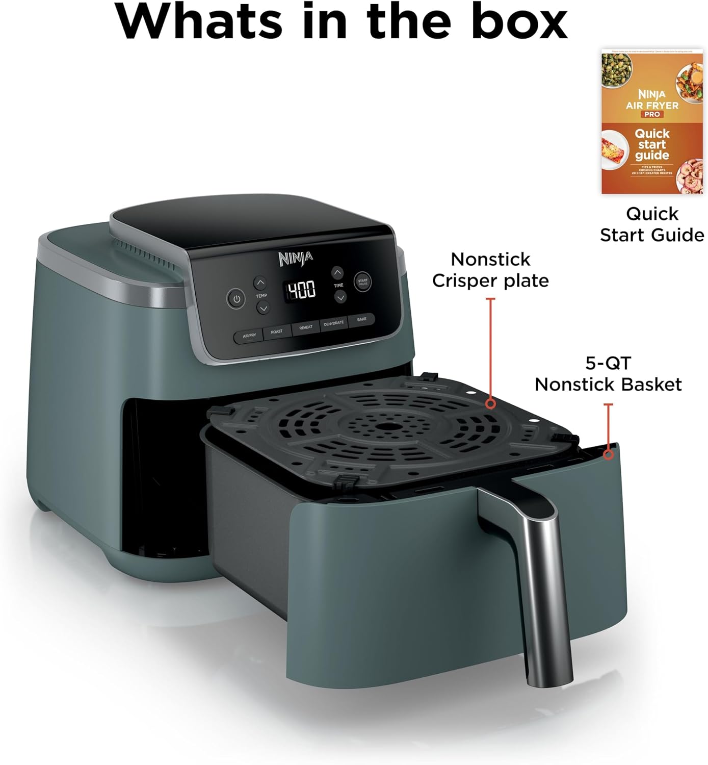 Ninja Air Fryer Pro 5-in-1 | 5 QT Capacity, Air Fry, Bake, Roast, Reheat, and Dehydrate, Air Crisp Technology | Nonstick Basket & Crisper Plate | Sage | AF142GN