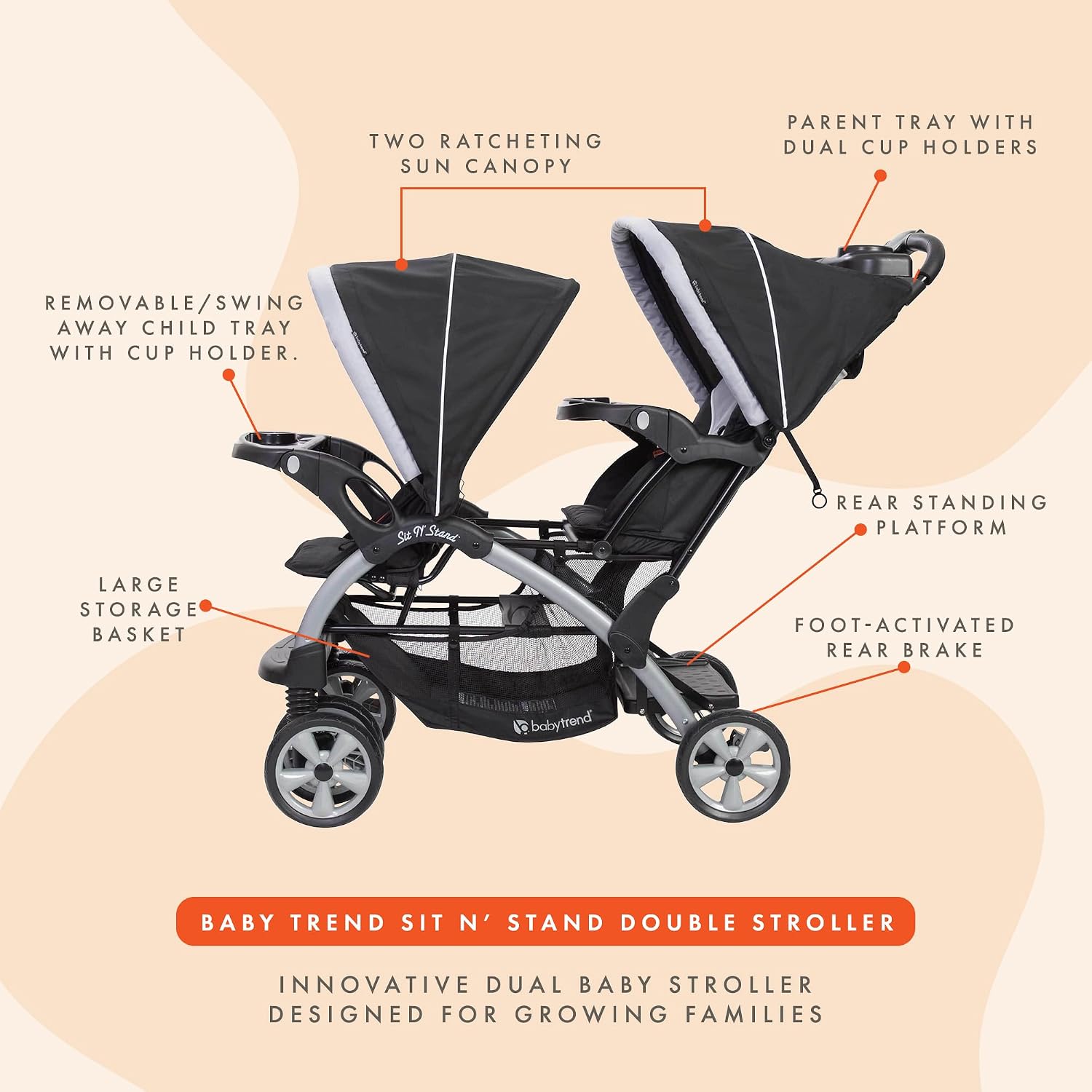 Baby Trend Double Infant and Toddler Stroller w/ Harness and Basket, Sit N' Stand, Stormy.