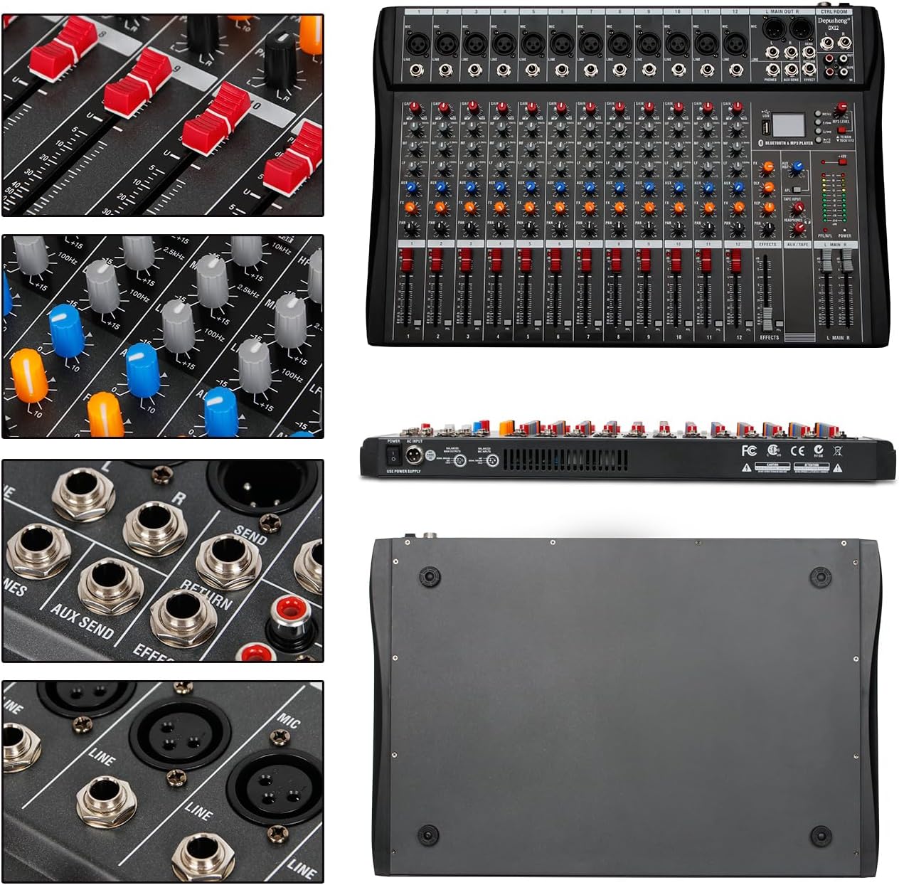 Depensheng DX12 DJ Sound Controller Interface w/USB Drive for Computer Recording 12-Channel Studio Audio Mixer - XLR Microphone Jack, 48V Power, RCA Input/Output for Professional and Beginners