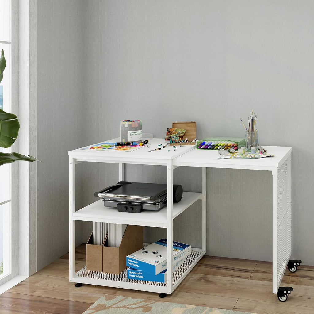 Natwind 24''x20''x29'' Large Printer Stand with Storage Shelves,Extendable Home Craft Table,Home Office Organization Desk, Versatile Table for Home Office, Kitchen, Study Room, Living Room (White)