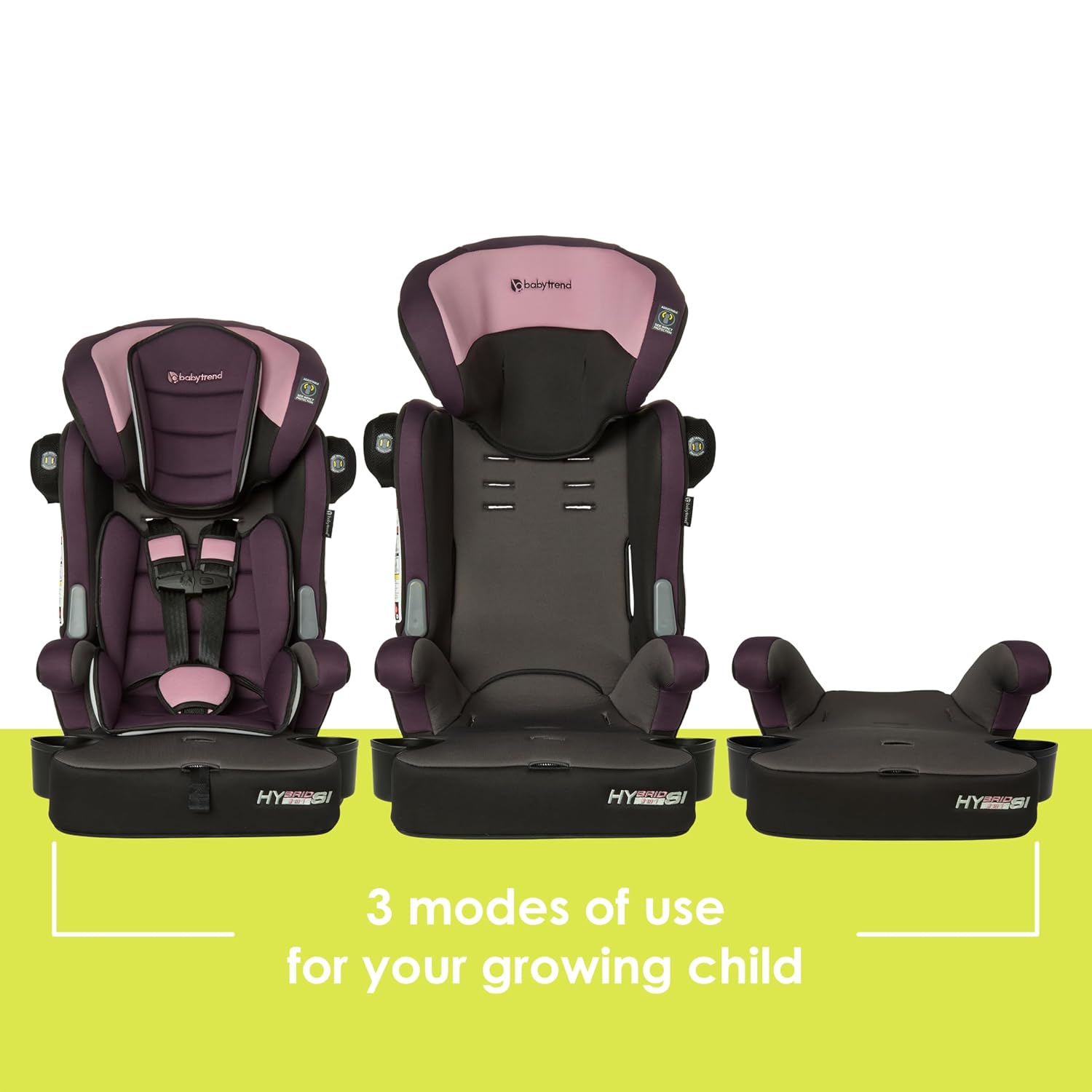 Baby Trend Hybrid SI 3-in-1 Combination Booster Seat, Dash Orchid – Side-Impact Protection, 3-Stage Growth Design, Adjustable Headrest, Cushioned Comfort