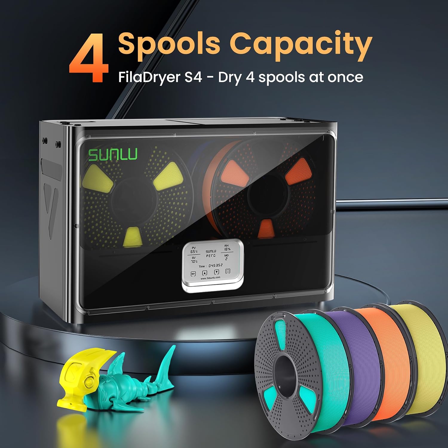 SUNLU Official 3D Printer Filament Dryer S4, 4 Spools Capacity, Upgraded 3 Circulation Fans, 350W PTC Heater, 70℃ Max Temperature, Intelligent Humidity Control, Nylon TPU PLA PETG ABS Filament, Black