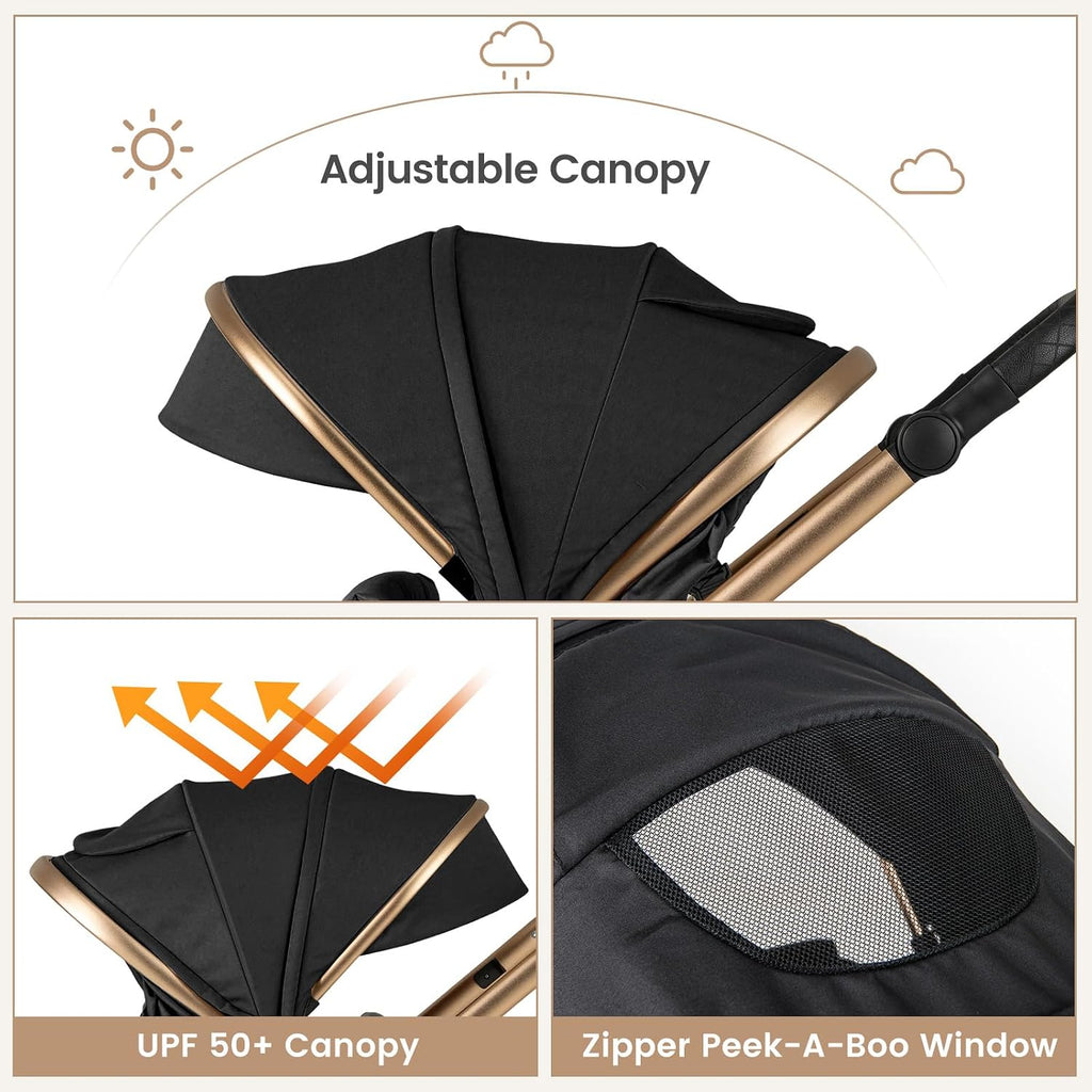 INFANS 2 in 1 Baby Stroller, Folding Newborn Pram Convertible Stroller Bassinet for Infant Foldable High Landscape Shock Absorption with Reversible Seat Aluminum Structure for Pushchair