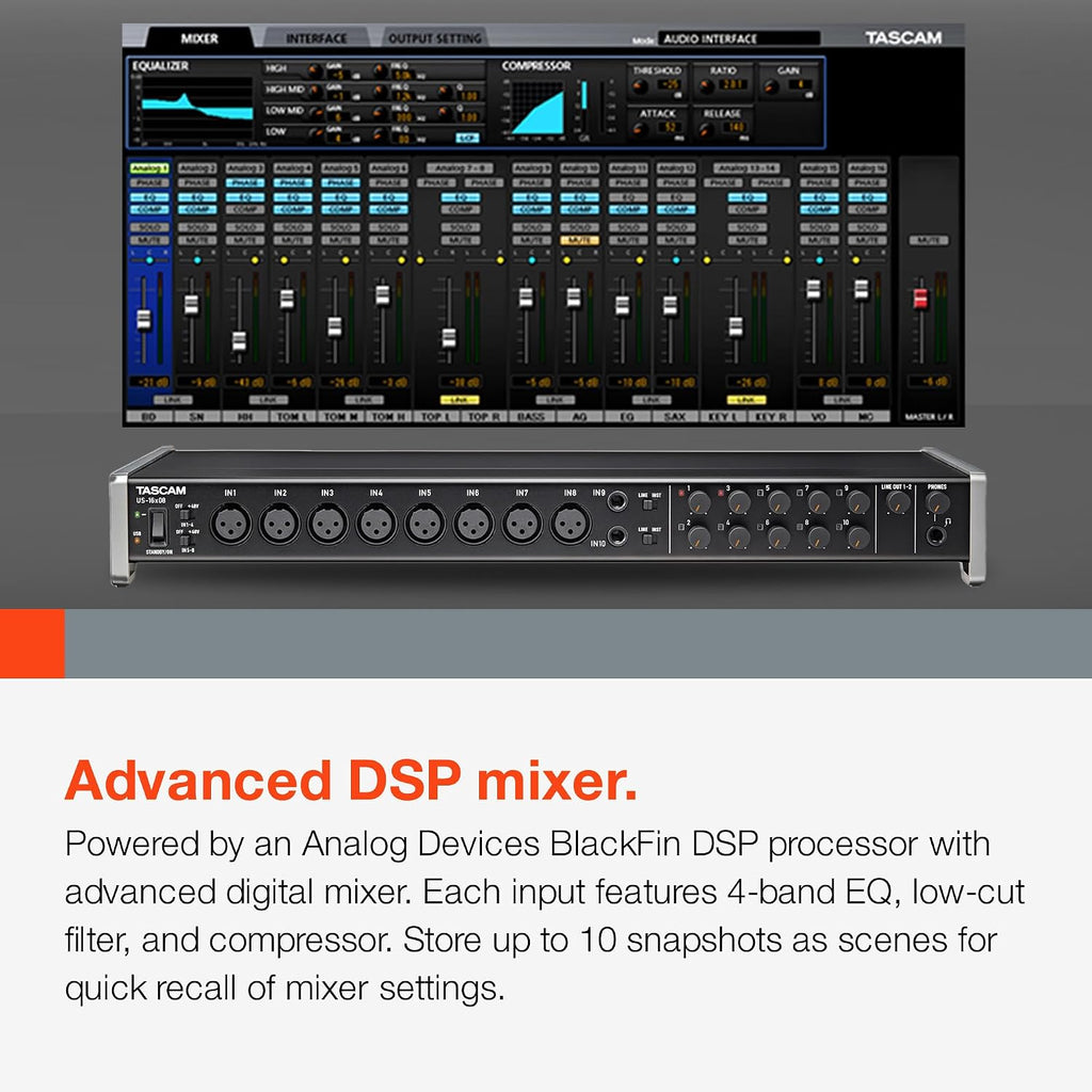 Tascam US-16x08 Rackmount USB Audio/MIDI Interface for Recording, Drum Recording, 8 XLR/8 1/4' Inputs, 8 Outputs, Control Software,Black
