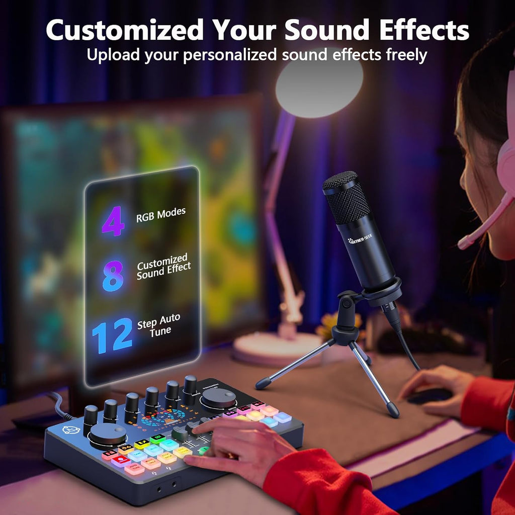 Podcast Equipment Bundle for 2, Audio Interface DJ Mixer with 3.5mm Condenser Microphone for PC, Smartphone, Voice change,RGB for Recording, Streaming, Podcasting, Gaming, COMMANDER M100 3rd