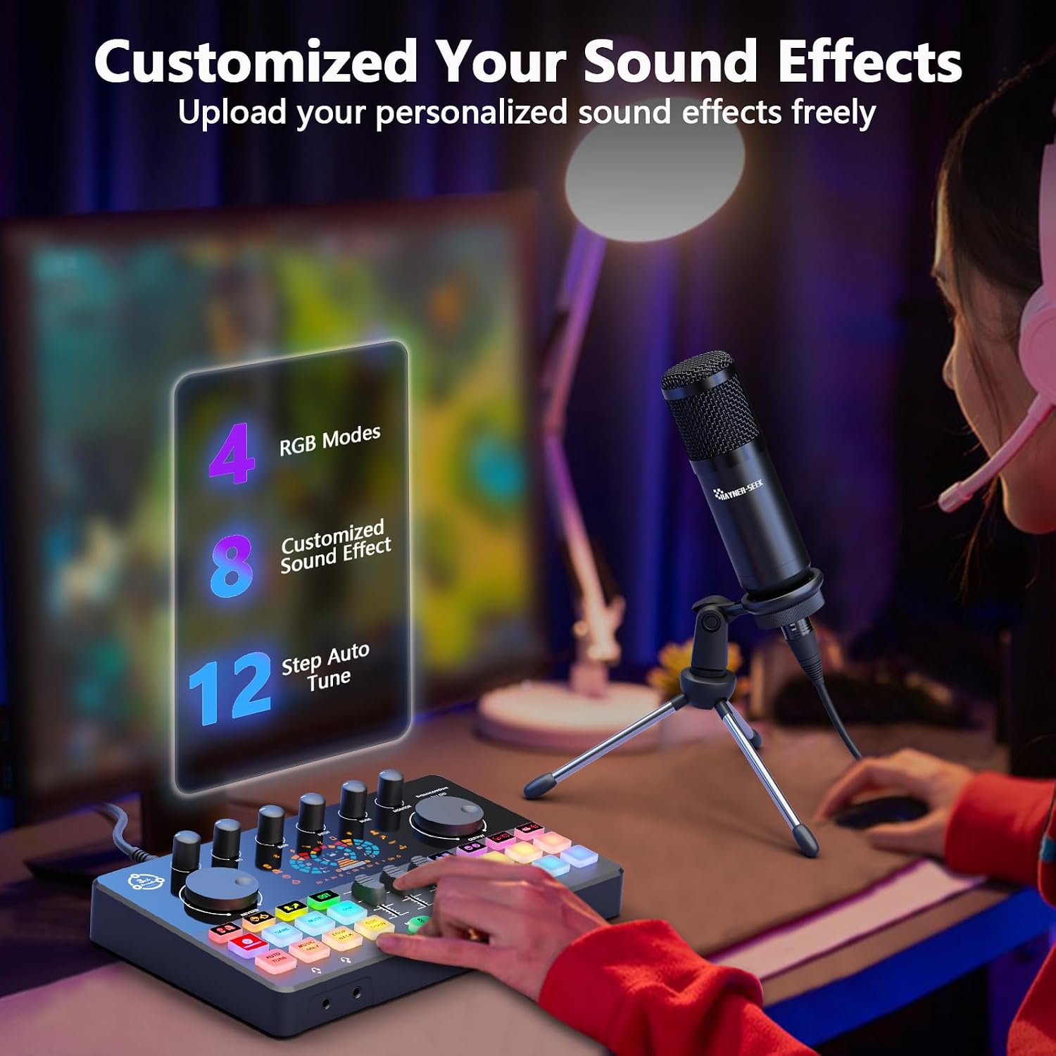 Podcast Equipment Bundle for 2, Audio Interface DJ Mixer with 3.5mm Condenser Microphone for PC, Smartphone, Voice change,RGB for Recording, Streaming, Podcasting, Gaming, COMMANDER M100 3rd