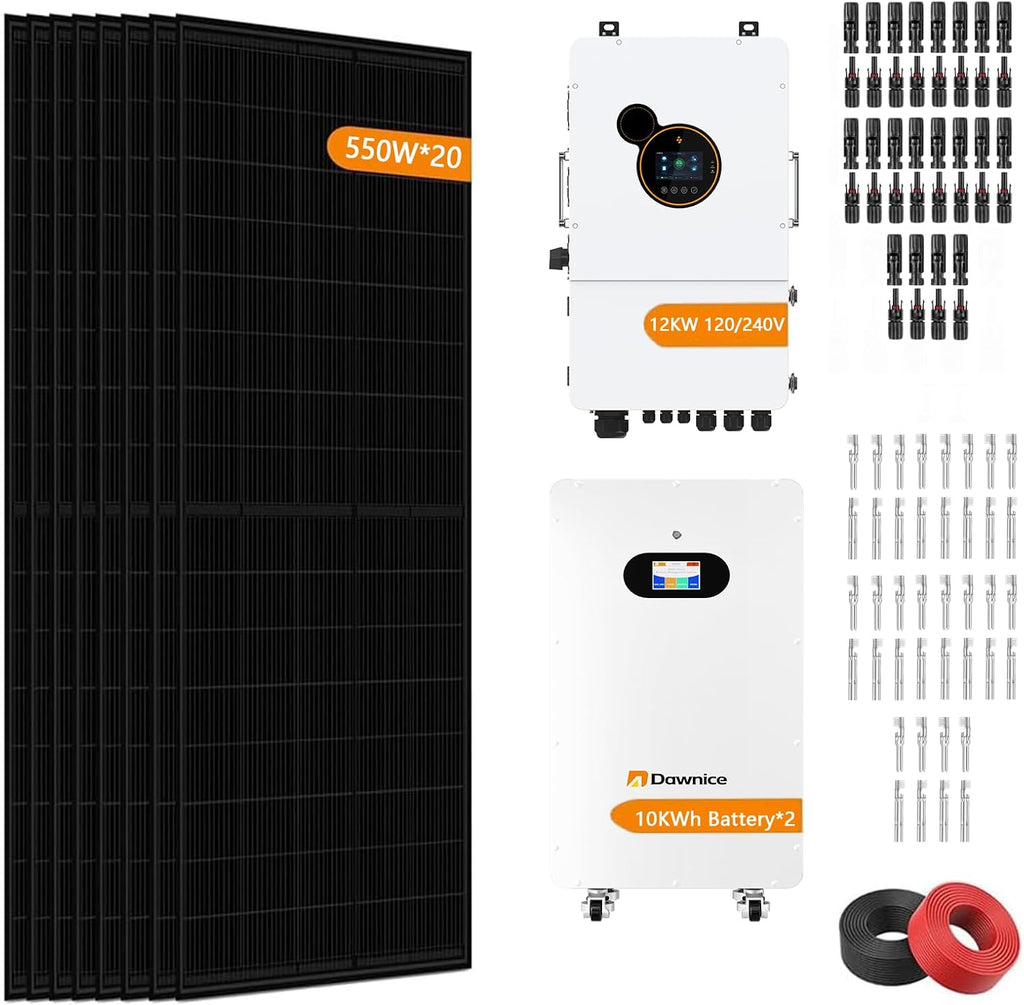 11000W Hybrid Grid Home Solar Power System Complete kit with 12KW Solar Hybrid Inverter,2Sets 48V 10KWh LiFePO4 Battery 20PCS Bificial 550W Solar Panels with MPPT Controller 120/240Vac