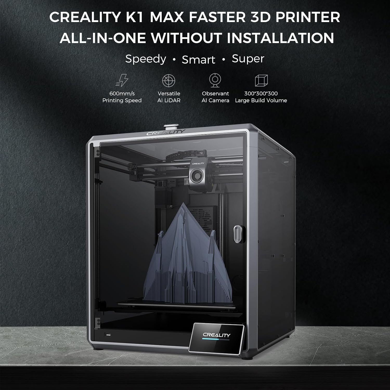 Creality K1 MAX 3D Printer Upgrade with 600mm/s Printing Speed 300°C High-Temperature Nozzle Direct Extruder Hands-Free Auto Leveling Dual Z Axes Stable Cube Frame 11.81x11.81x11.81inch