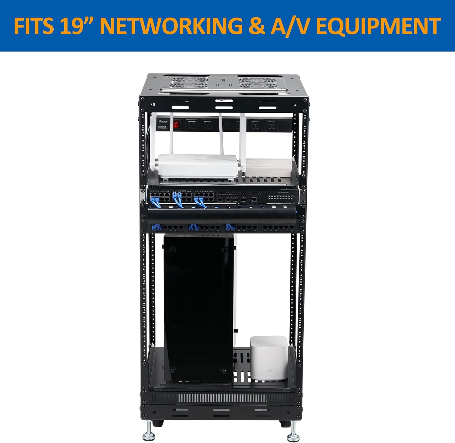 15U Open Frame Rack for Servers & AV Gear - Wall Mountable Design Includes 2X Vented Shelves, 4X Leveling Feet, 4X Casters