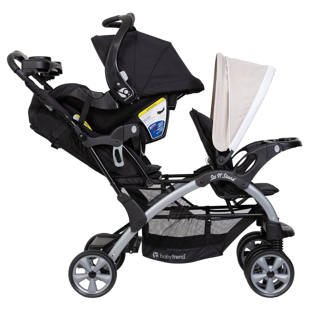 Baby Trend Double Infant and Toddler Stroller w/ Harness and Basket, Sit N' Stand, Khaki