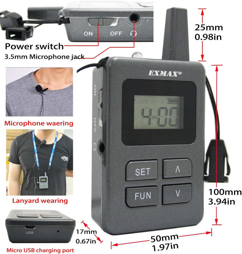 EXMAX ELGT-470 Wireless Tour Guide/Monitoring Audio System 100 Channels Groups for Tourism,Conference,Training,Church,Outdoor Scenic Spots(2 Transmitters & 30 Receivers with 32-slot Charging Case)