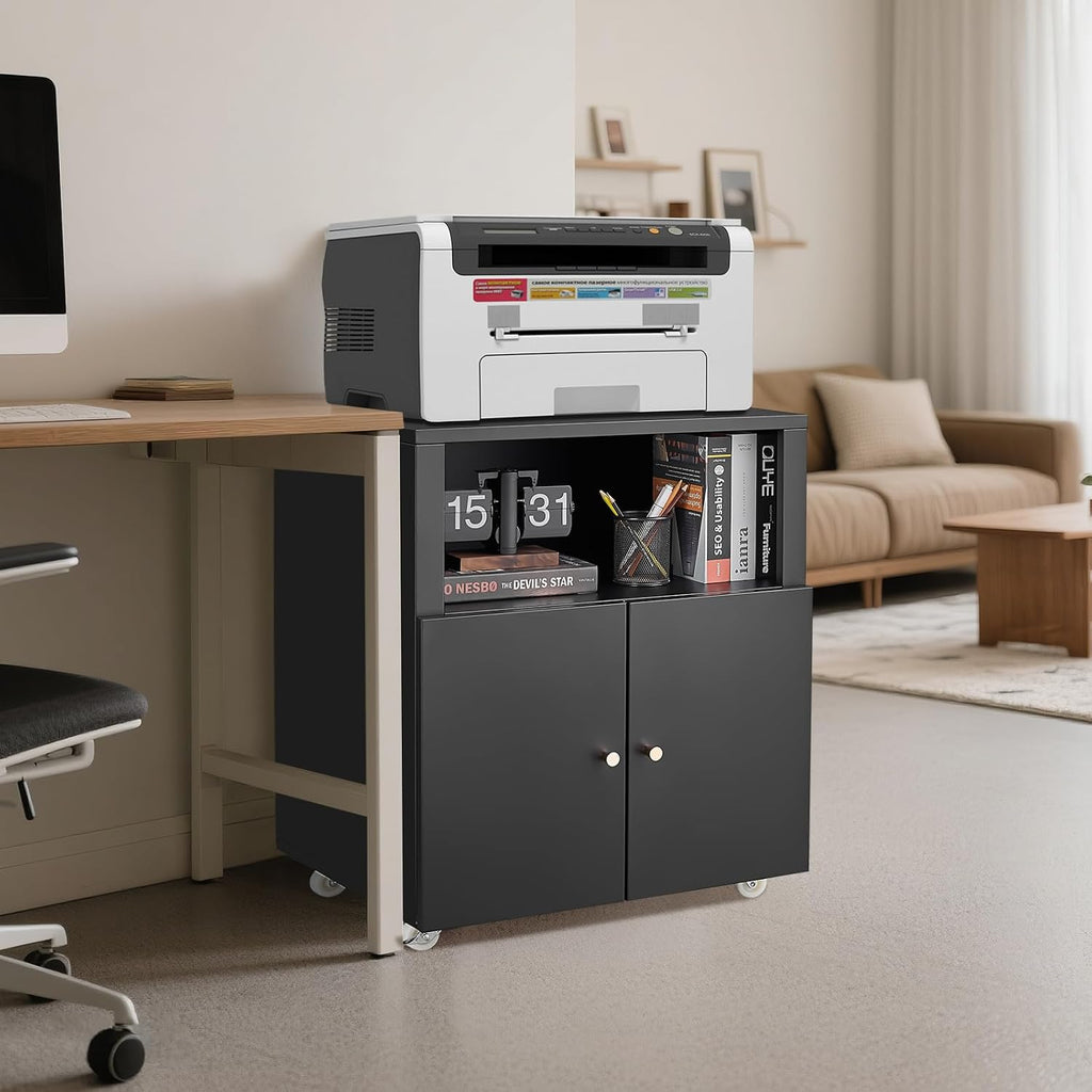 Metal Printer Stand with Storage, Heavy Duty Rolling Printer Cabinet with Doors and Adjustable Shelves, Large Printer Table Stand with Wheels for Office Copier Fax, Black