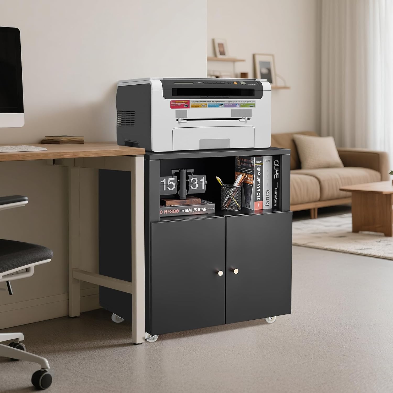 Metal Printer Stand with Storage, Heavy Duty Rolling Printer Cabinet with Doors and Adjustable Shelves, Large Printer Table Stand with Wheels for Office Copier Fax, Black