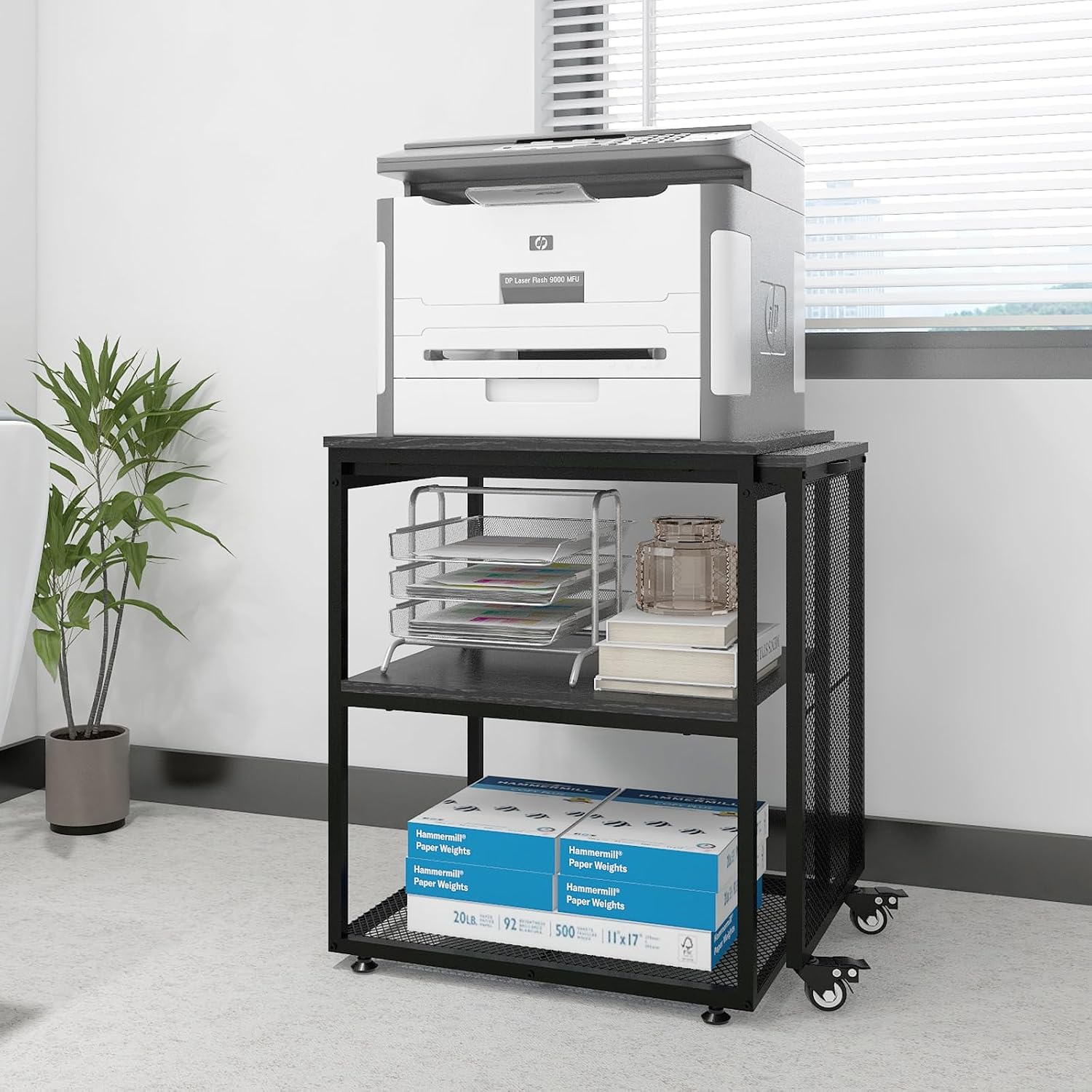 Natwind 24''x20''x29'' Large Printer Stand with Storage Shelves,Extendable Home Craft Table,Home Office Organization Desk, Versatile Table for Home Office, Kitchen, Study Room, Living Room (Black)