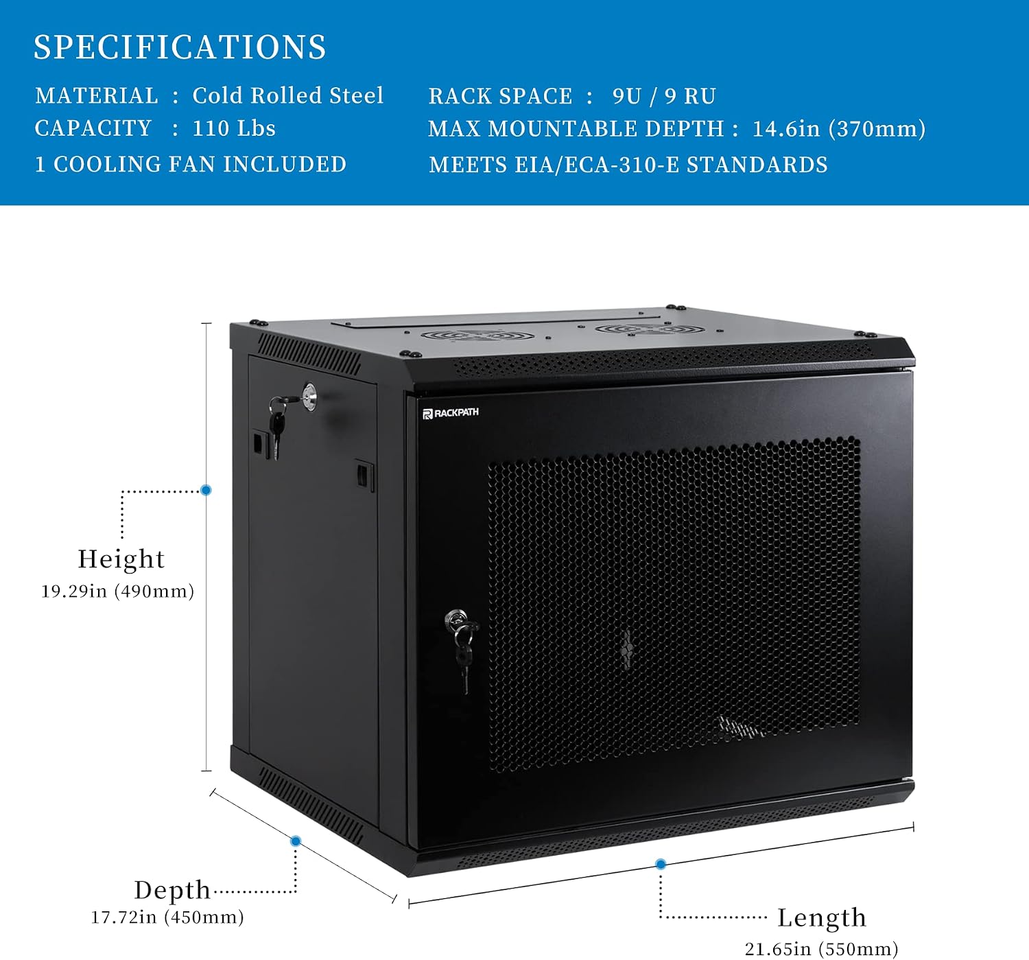 RackPath 9U Wall Mount Server Cabinet Network Rack Enclosure, Quiet Cooling Fan, Perforated Door, Black