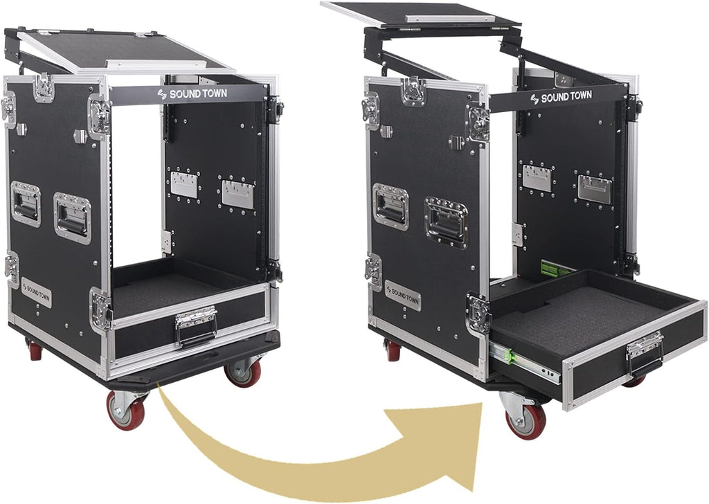 Sound Town 14U PA DJ Pro Audio Rack/Road ATA Case with 2U Drawer, 11U Slant Mixer Top, DJ Work Table, Casters, Pro Tour Grade (MR-DR14UT)
