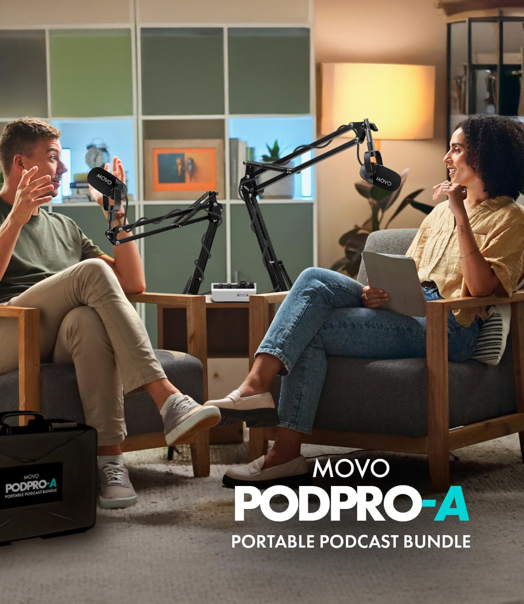 Movo Portable Podcast Equipment Bundle for iPhone/Android Phones- Podcast Kit with Audio Interface, 2 CastMic Dynamic Mics, 2 Boom Arms - for Smartphones, Computers, PC, Mac - Lightning, USB, USB-C
