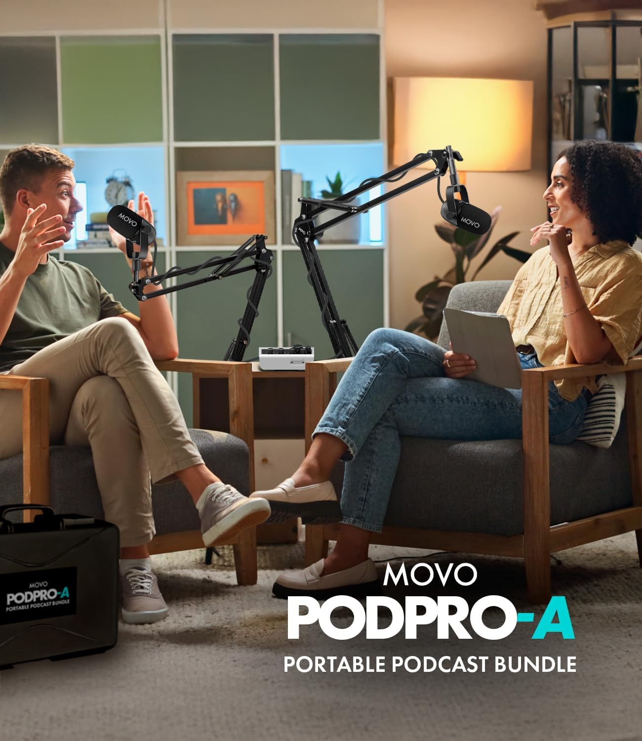 Movo Portable Podcast Equipment Bundle for iPhone/Android Phones- Podcast Kit with Audio Interface, 2 CastMic Dynamic Mics, 2 Boom Arms - for Smartphones, Computers, PC, Mac - Lightning, USB, USB-C